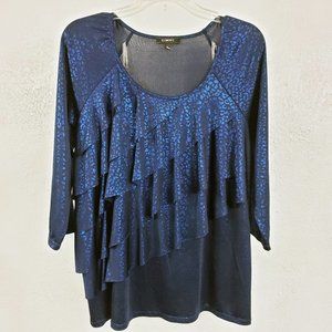 Elementz Women's Blue Snake Skin Animal Print Shimmer Ruffle Lg Shirt Top Blouse